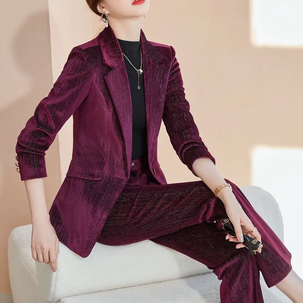 

Jacket and Pants Set 2 pieces women's suit coat and trousers women's blue velvet autumn winter office work suit