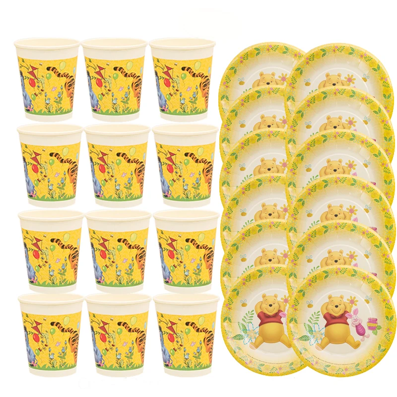 24pcs/lot Disney Winnie The Pooh Party Theme Disposable Tableware Set Cup Plate For Baby Boy Girls Happy Birthday Decoration