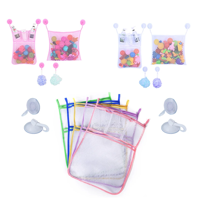 Сетчатая Сумка на присоске для детских игрушек 2 сумки + 6 крючков хранения