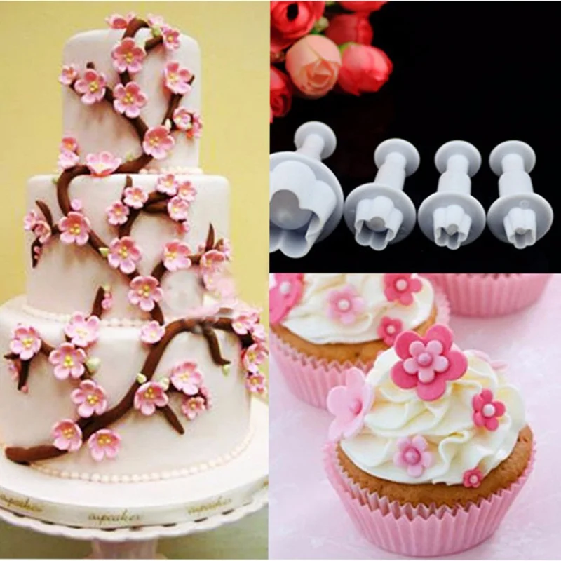 4Pcs/set Plum Blossom Fondant Cake Decorating Sugar Craft Plunger Cutter Flower Mold DIY Tools Home Kitchen BakeTools | Дом и сад