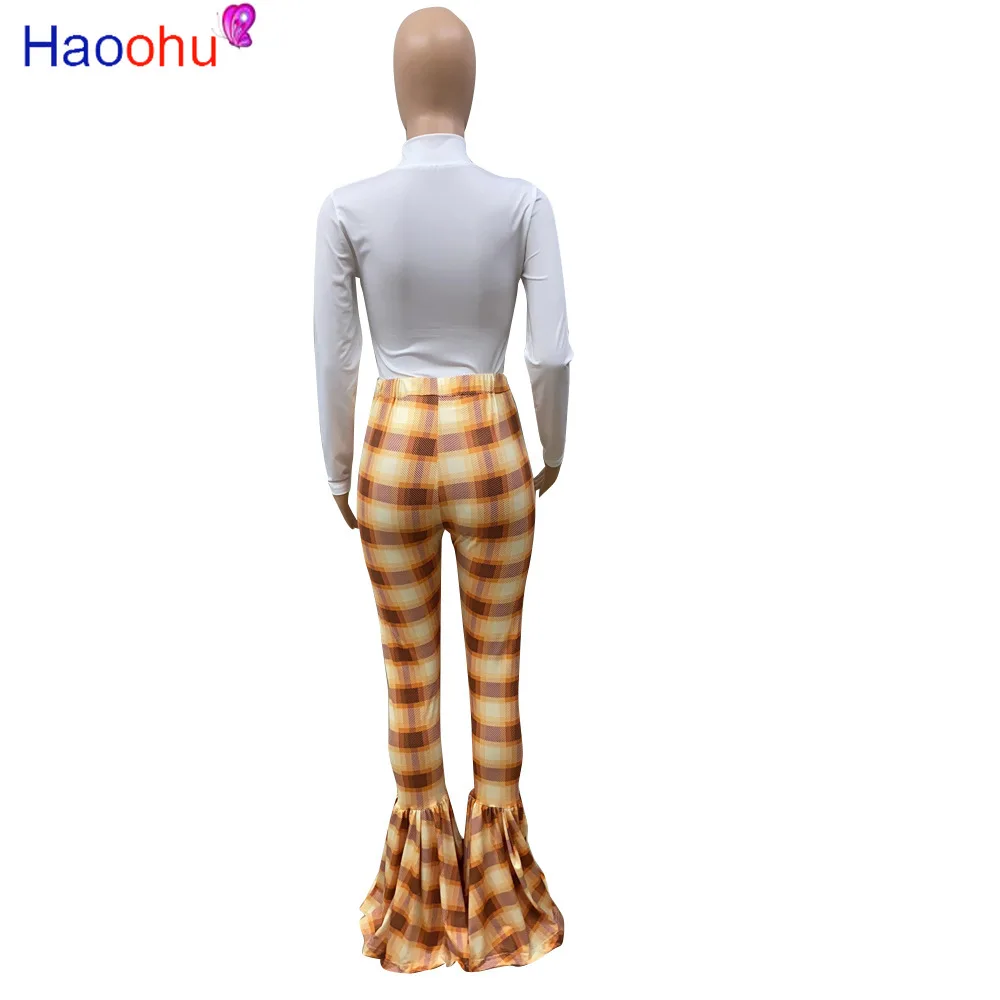 

HAOOHU Bodycon Sexy Two Piece Set Women Clothing Sets Fall Club Outfits for Women Top and plaid print Flare Pants Matching Sets