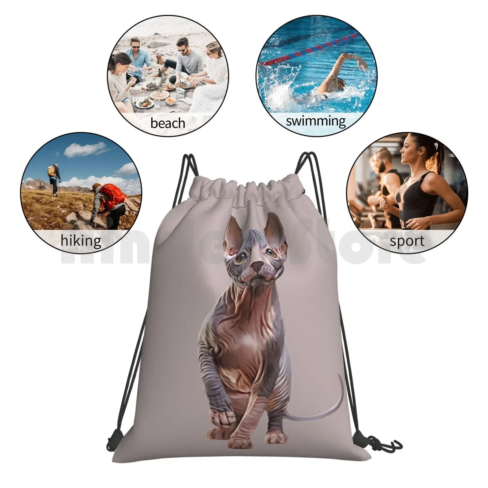 

Drawing Sphynx Kitten , Hairless Backpack Drawstring Bags Gym Bag Waterproof Cat Portrait Sphinx Graphic Animal Fashion