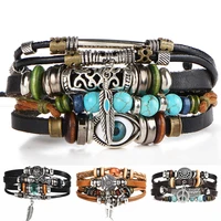 boho tibet stone feather multilayer leather bracelet eye fish charms beads bracelets for men vintage punk wrap wristband
