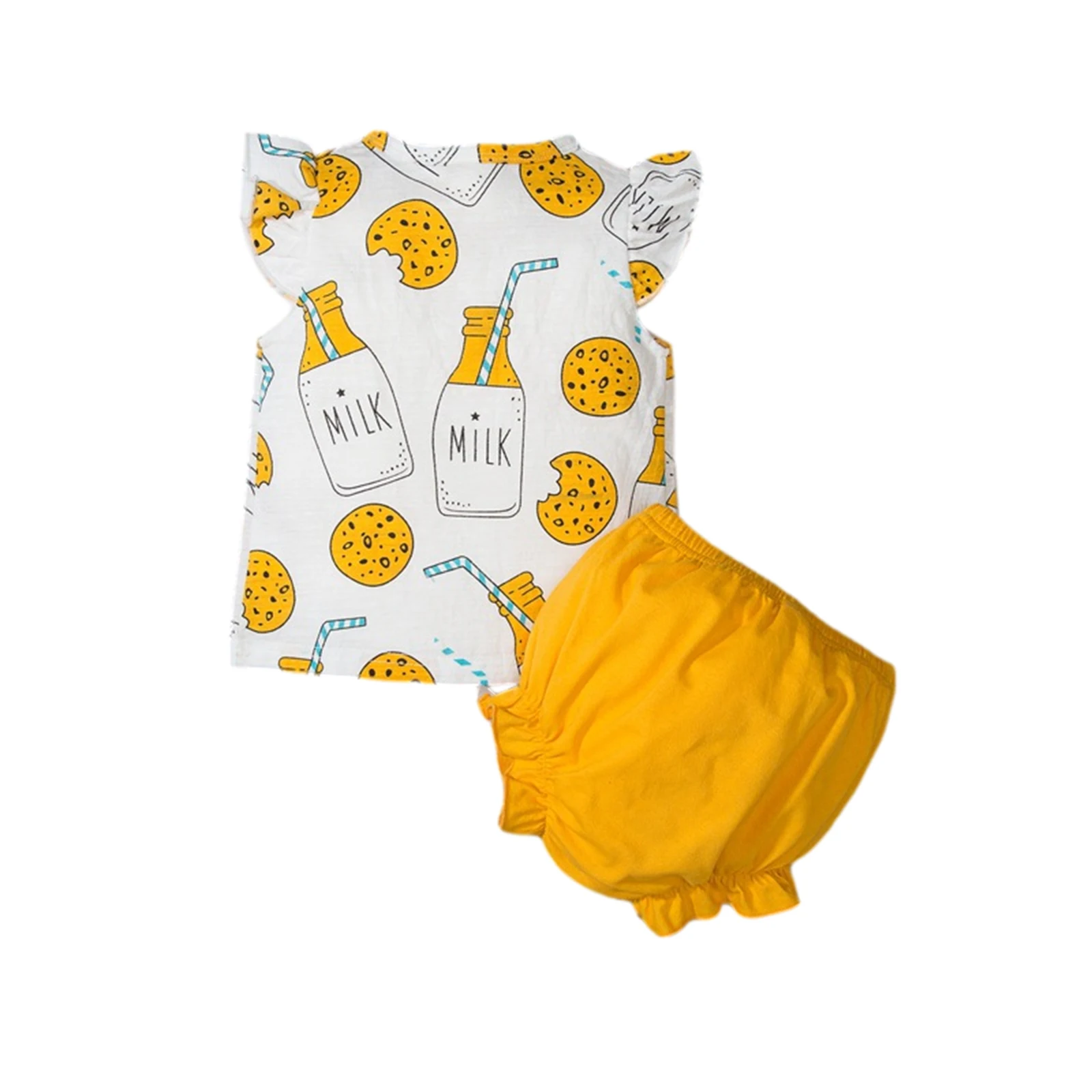 

2Pcs Fashionable Baby Girls Outfit, Children Summer Cookies Drink Printing Round Collar Fly Sleeve Top + Triangle Lace Shorts