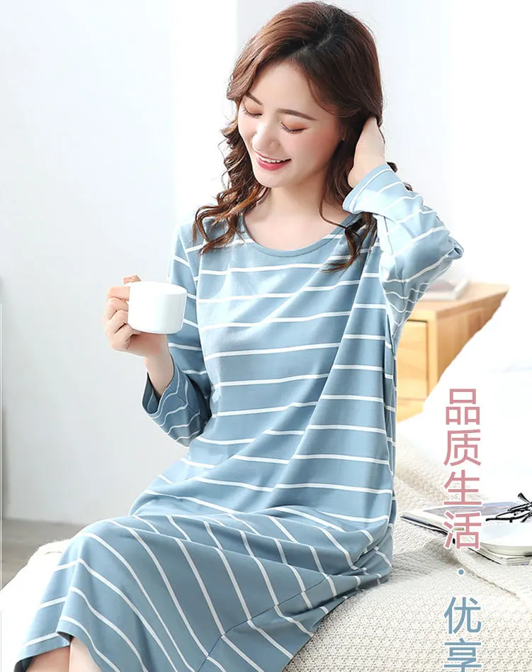 2021 New Spring and Autumn Nightdress Women's Stripe Large Size Long Sleeve Long Pregnant Women's Cotton Nightdress Home Wear