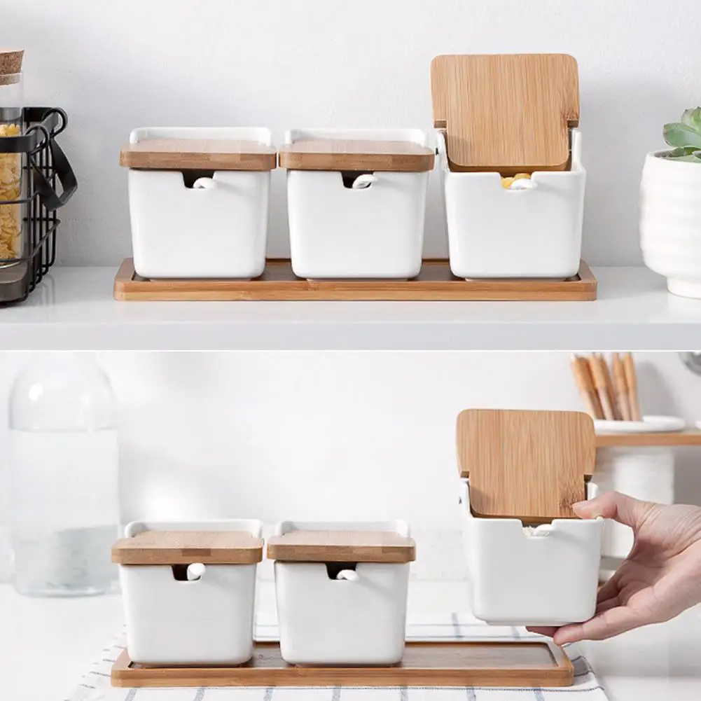 

Japanese Style Sugar Bowl with Lid Condiment Jar Ceramic Spice Box for Kitchen Seasoning