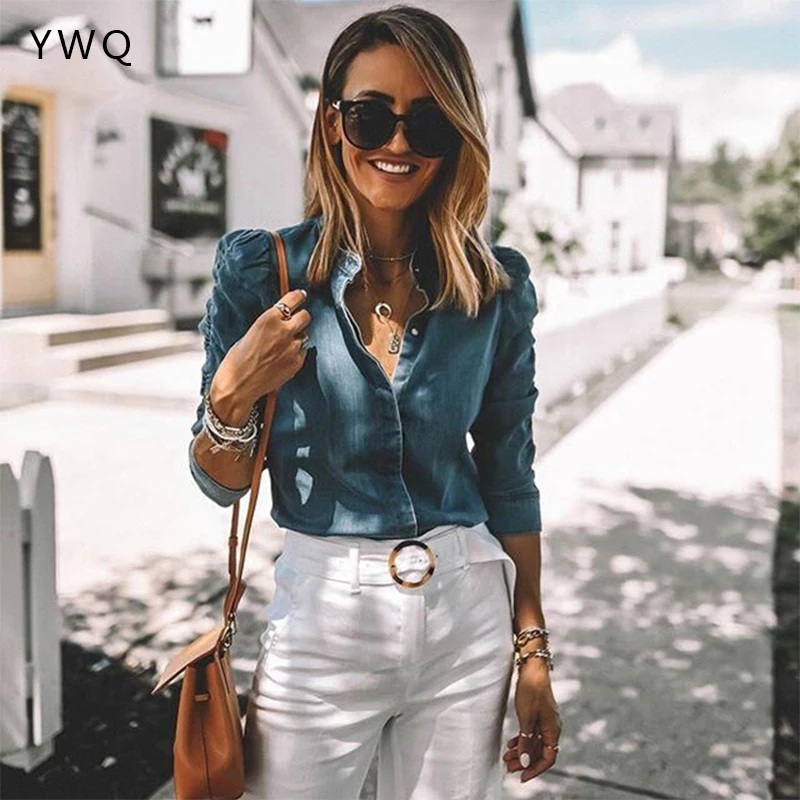 Джинсовая рубашка для женщин топы с длинным рукавом блузки женская одежда