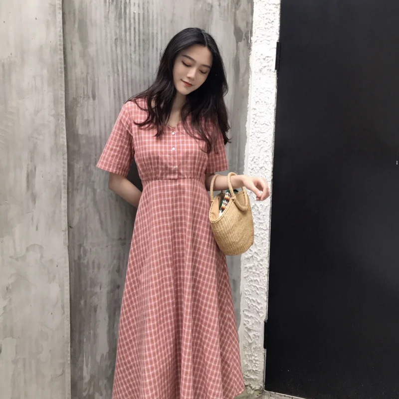 Женские милые летние платья в стиле Ins кавайное клетчатое платье с V образным