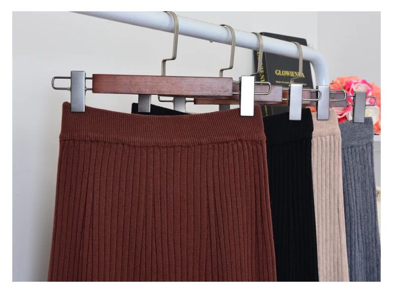 

Solid Longknitted Skirt Women For Autumn 2020 Winter Retro Striped Umbrella Skirt High Waist Pleated Skirt Women