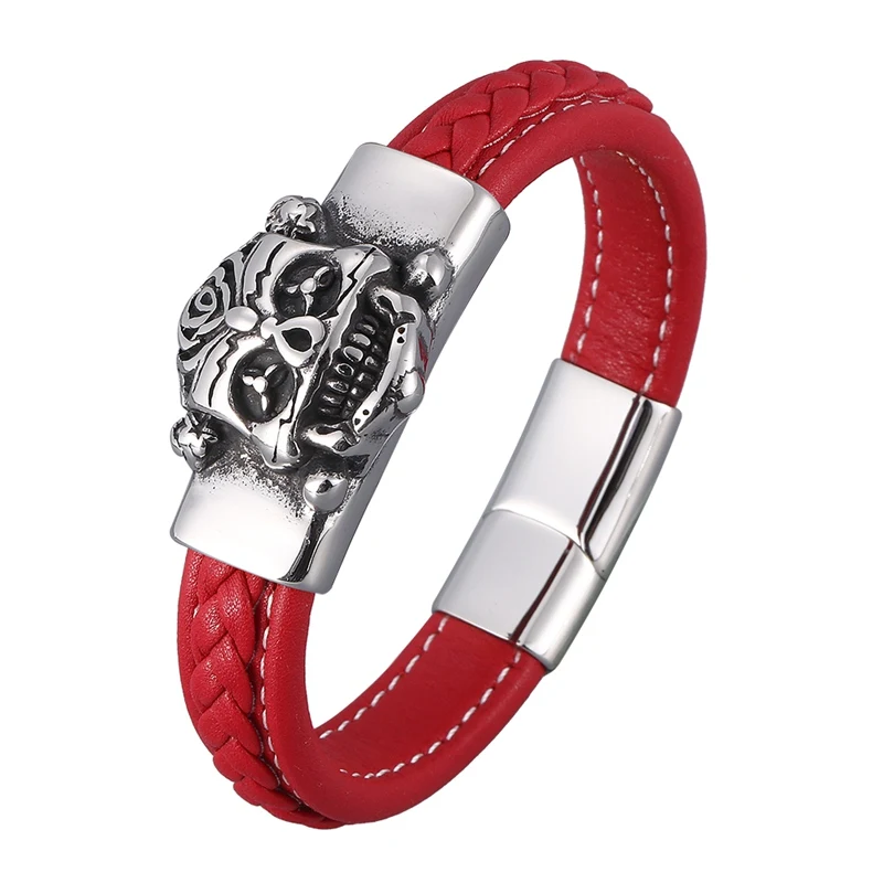 

Red Braided Leather Bracelets for Men Jewelry Punk Wristband Stainless Steel Skull Magnetic Buckle Fashion Bangles Gift SP0891
