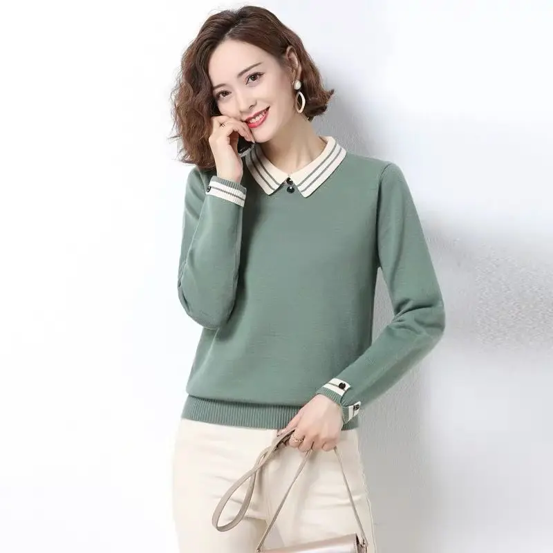 

2023 Spring Autumn Long Sleeve Women Sweater Knitted Turndown Collar Pullover Winter Elasticity Solid Color Slim Top Female Y185