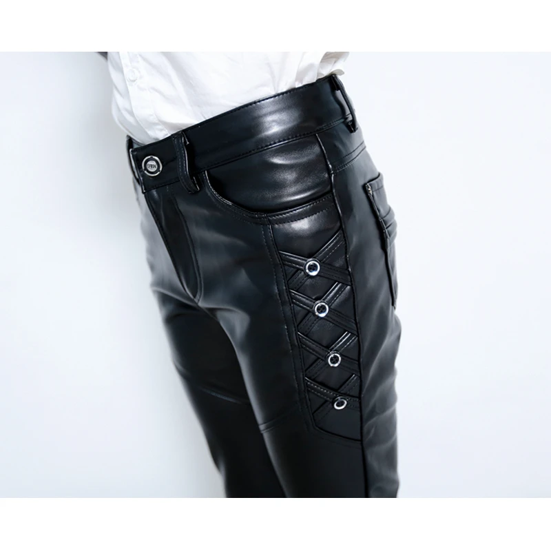 Новые модные мужские брюки из искусственной кожи облегающие байкерские для