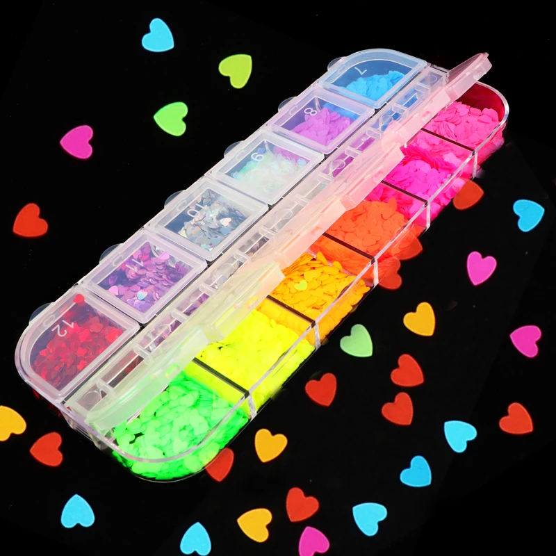 12 сетки/комплект 3D любовь блестящие хлопья художественное оформление ногтей