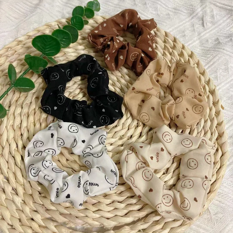 

Smiley Face Scrunchies Coffee Black White Hair Ties Ins Style Rubber Band Personality Design Head Rope Women Hair Accessories