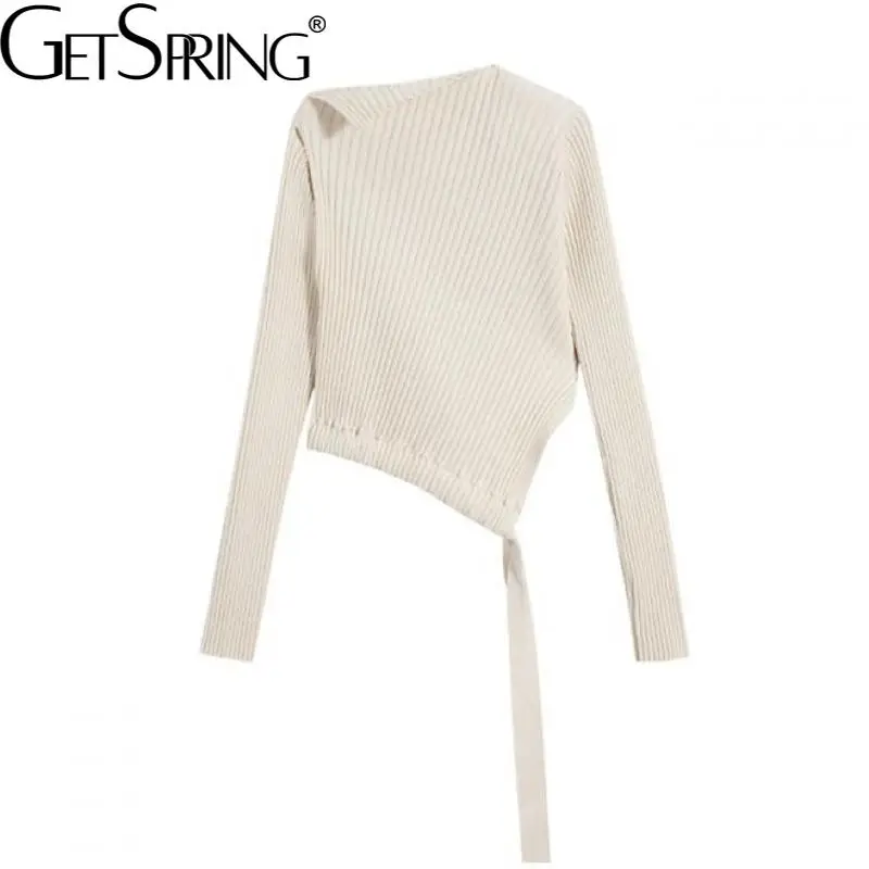 

Getspring женский свитер с воротником-лодочкой и открытыми плечами, черный и белый пуловер, свитеры, ассиметричные вязаные топы 2021, модные