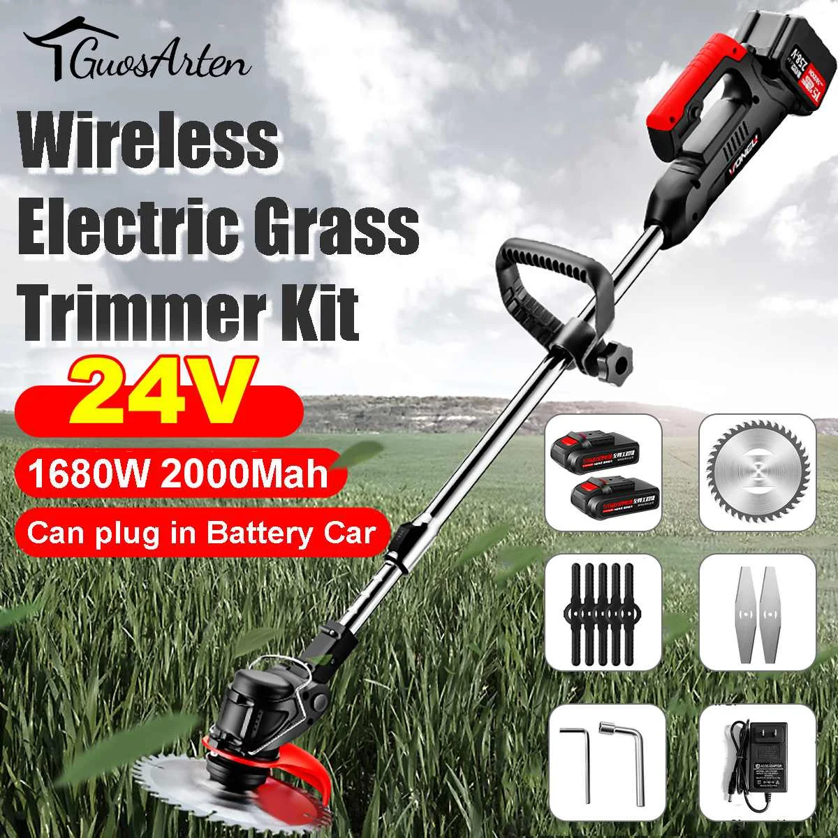 24V Cordless Electric Grass Trimmer 1680W Adjustable Lawn Mower Hedge Trimmer Handheld Pruning Garden Tool for Makita Battery
