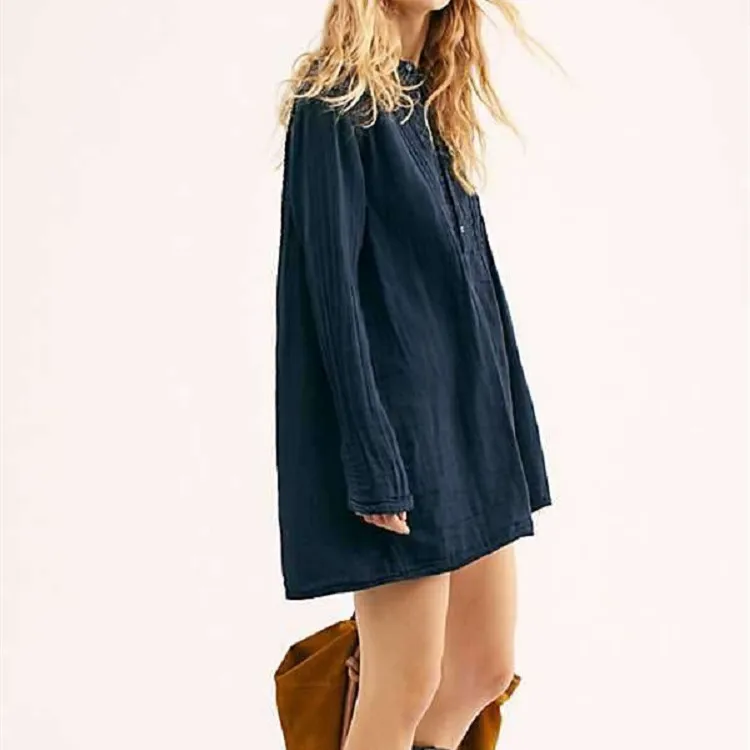 

O-neck Cotton Dress Women Solid Color Long Sleeve Retro Loose 2021 Spring Summer Female Mini Robe with Buttons