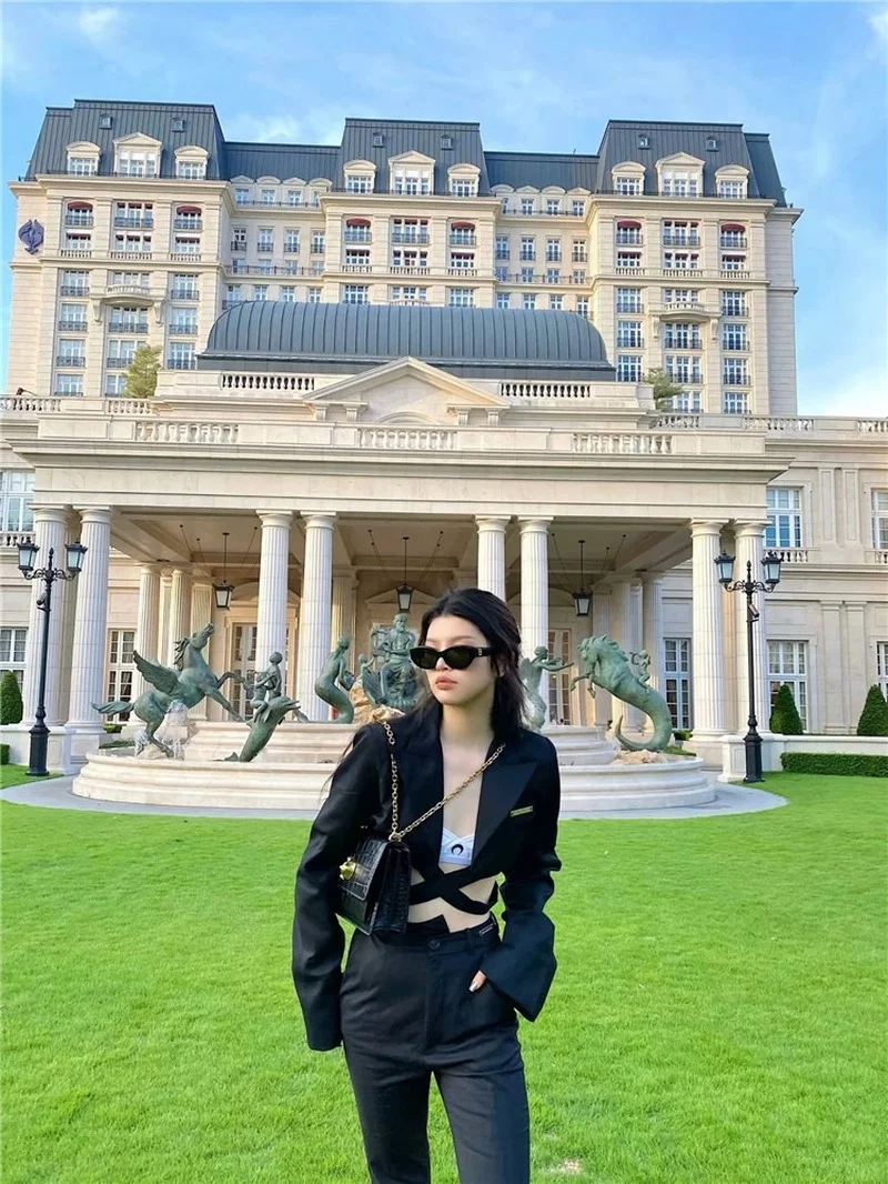 

Sexy Bandage Short Blazer Women Y2k Solid Color Single Breasted Casual Blazer Cool Girl Simple All Match Suit Fashion Streetwear
