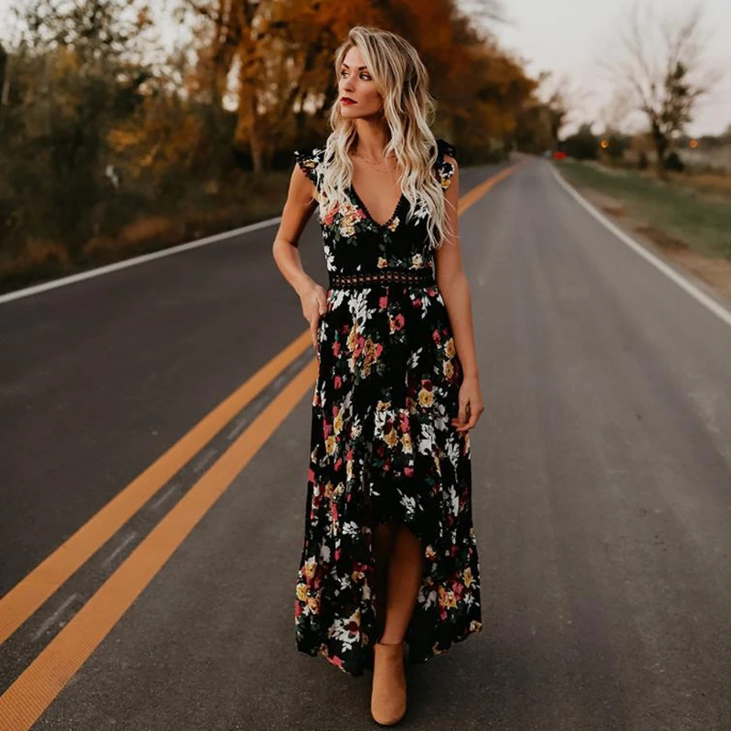 

Summer Dress Women Beach Style V-Neck Sleeveless Floral Long Dress 2021 Irregular Backless Sundress Woman Dress Vestidos