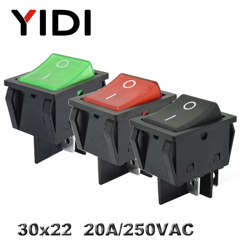 KCD4-201 30x22 30A 250VAC сверхмощный KCD4 кулисный переключатель 20A 250VAC DPST вкл. Выкл. Фиксация 12V 220V красный зеленый синий светодиодный с подсветкой