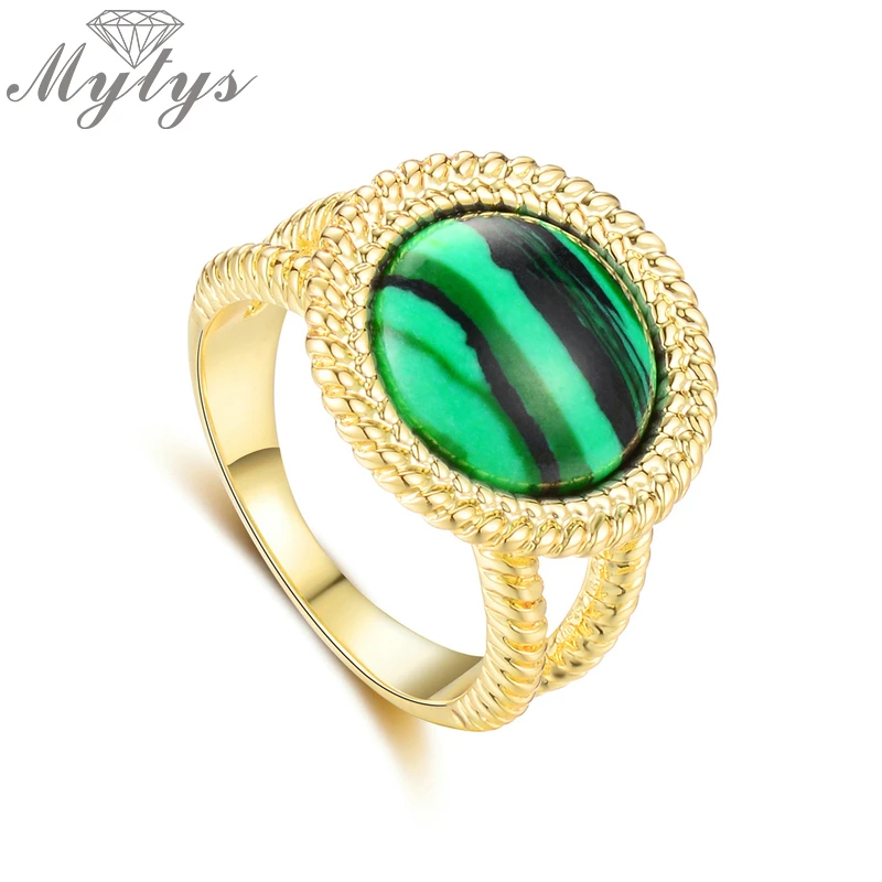 Женское кольцо из искусственного малахита Mytys круглое с зеленым камнем