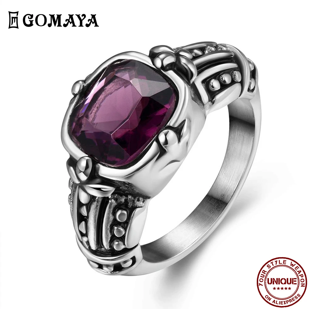 

GOMAYA Stainless Steel Purple Glass Rings For Men And Women Black Fashion Punk Neo-Gothic Vintage Unisex Ring Fashion Jewelry