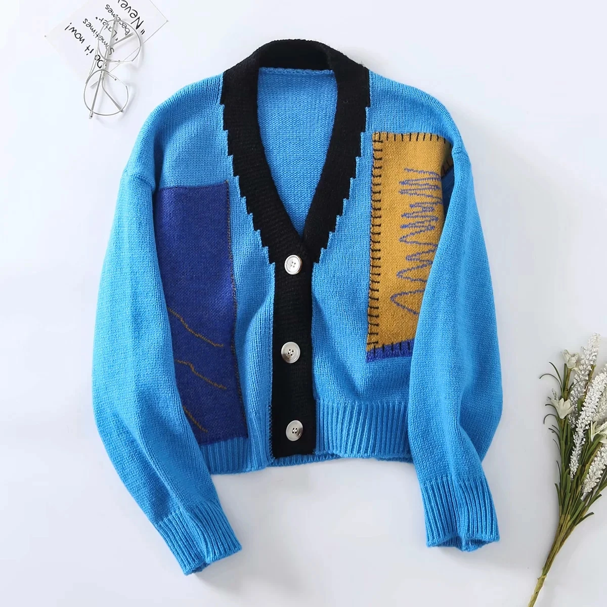

KRSB Za 2021Spring Autumn Women's Blue Stitching V-Neck Single-Breasted Knitted Long-Sleeved Sweater Jacket Casual British Style