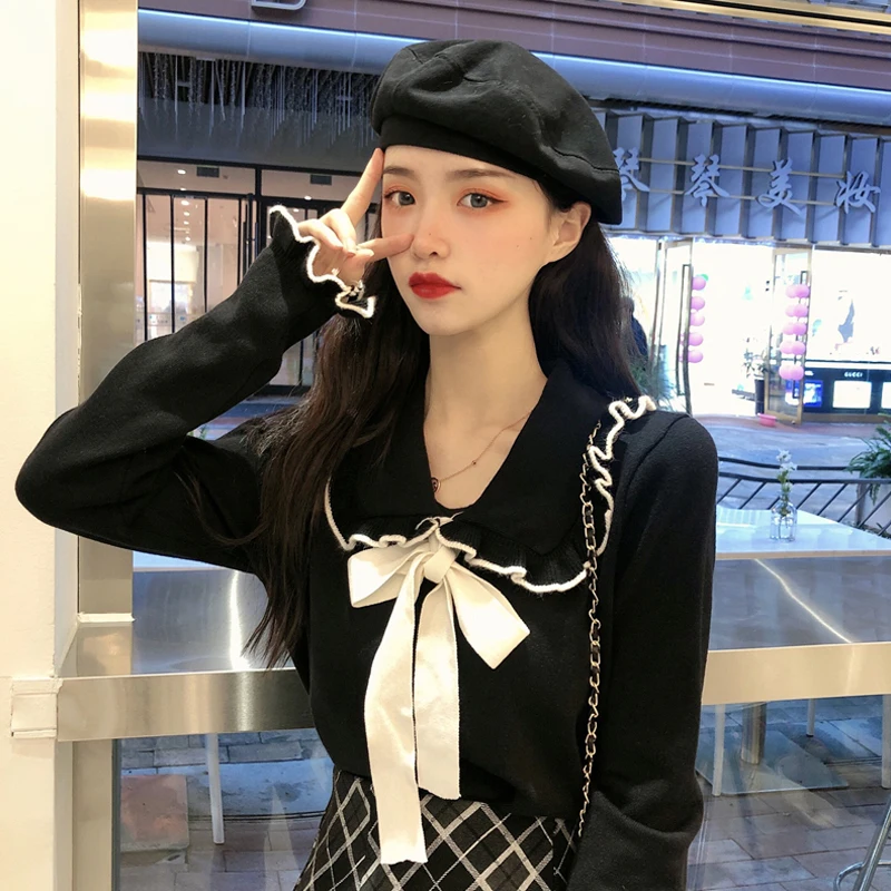 

Трикотажный кардиган с кукольным воротником, милый свитер, женский весенний свитер с длинным рукавом, новинка 2020, милый преппи стиль