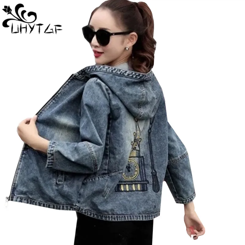 

UHYTGF Jaqueta Feminina Loose Size Denim Jacket Women Spring Autumn Coat Embroidery Jeans Outerwear Female Hooded Short Tops 531