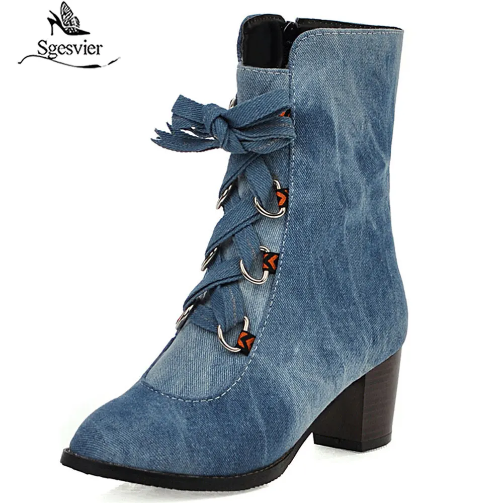 Женские Модные Винтажные ботинки sgesвье на толстом высоком каблуке джинсовые
