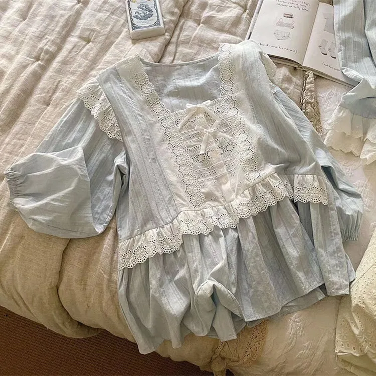 

Cute Lolita Loose Sweet Pajama Sets For Women Spring And Autumn Princess Style Home Suit Korean Girl Pure Cotton Nightwear