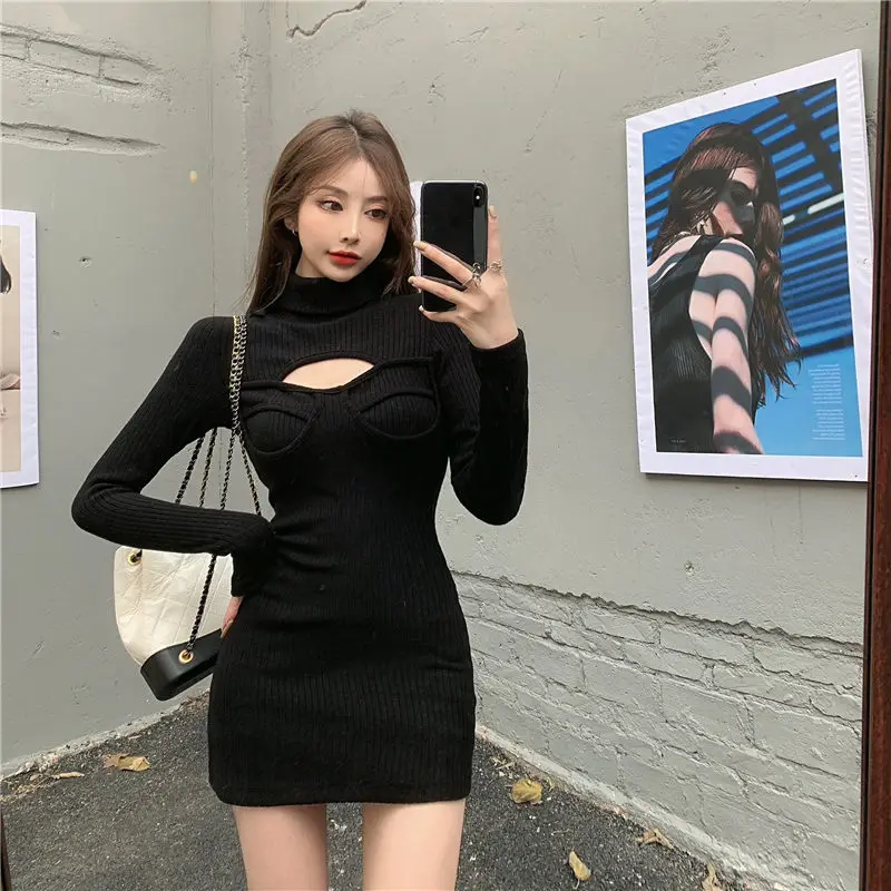 

Extra Short Sexy Club Knitted Dress Women Spring Autumn New Slim Temperament Hollow High-Necked Long Sleeve Bodycon Dress y1514