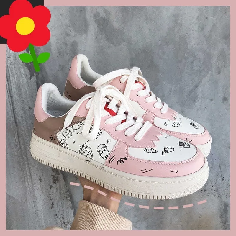 

Cartoon Animation Women Lolita Sneakers White Casual Student Cute Girl Pink Shoes Thick Heels Platform Sport Tennis Flats Kawaii