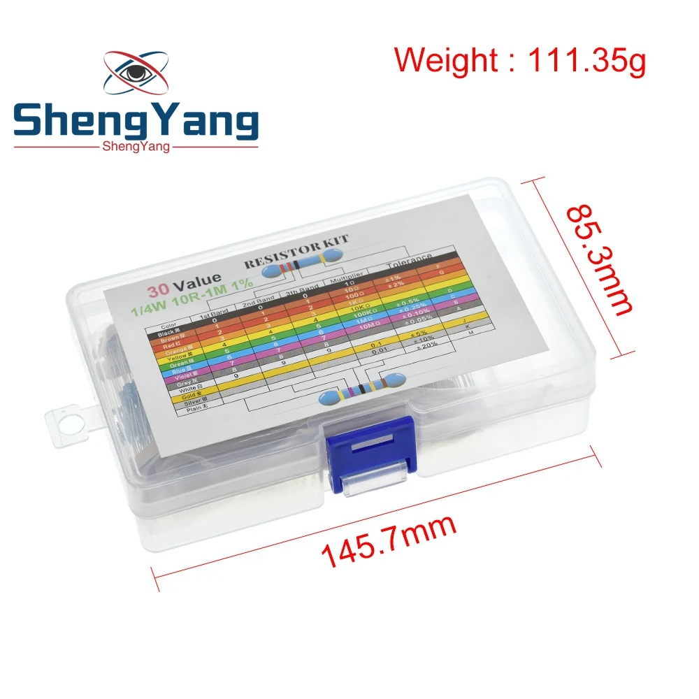 

600PCS/LOT 1/4W Metal Film Resistor Kit 1% Resistor Assorted Kit Set 10 -1M Ohm hm Resistance Pack 30 Values each 20 pcs