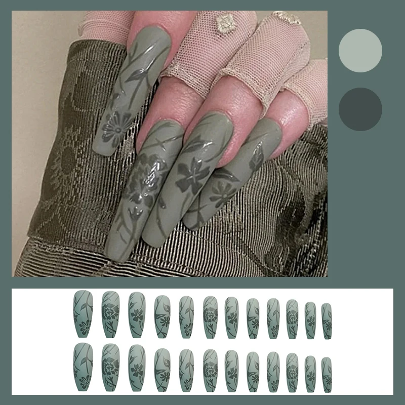 

Fake Nails Green Pear and Green Petals Wear Nail Stickers Finished Nails 24 Nail Stickers With Glue Birthday Gift STTX889