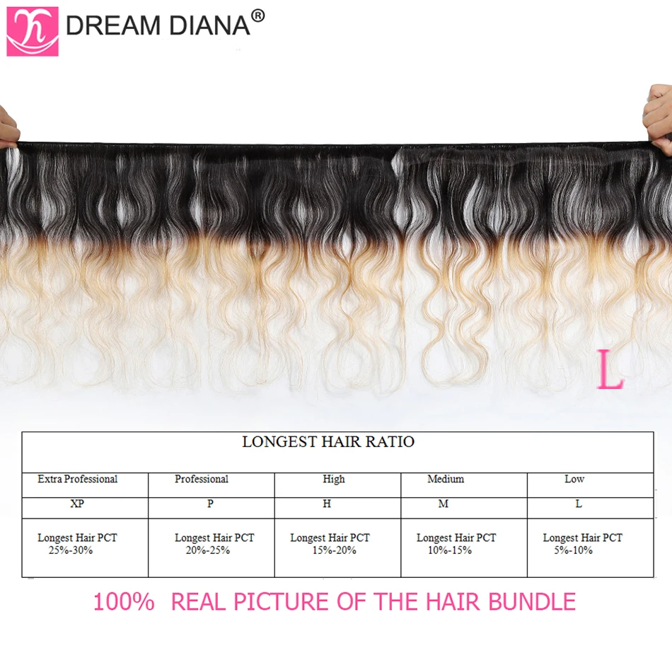 DreamDiana три тона Бразильская волна тела 3 пучка 1B 4 27 1"-26" L Омбре Remy Weave предварительно цветные человеческие волосы для наращивания