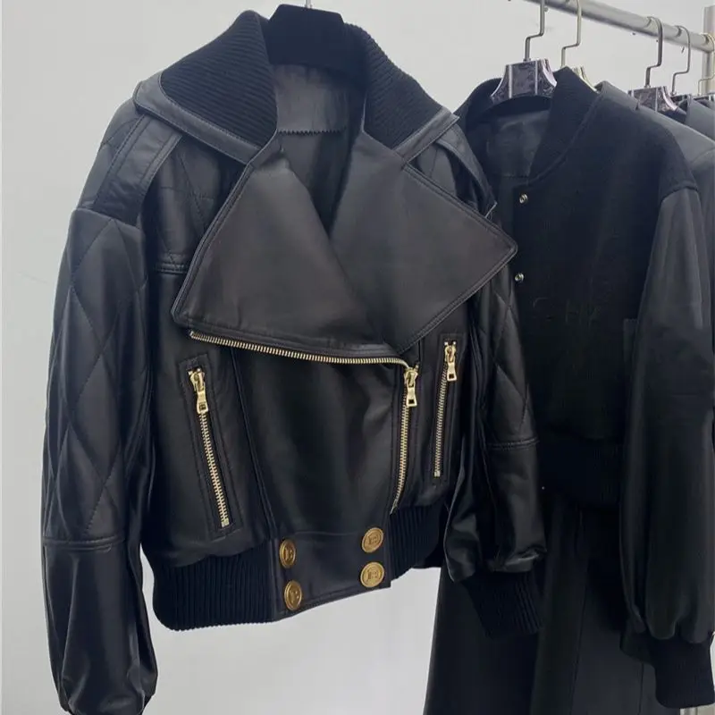 2022 Autumn Zipper Motorcycle Sheepskin Jacket Women Double Breasted Belt Gold-Button Casual Biker-Coat Outwear Chic