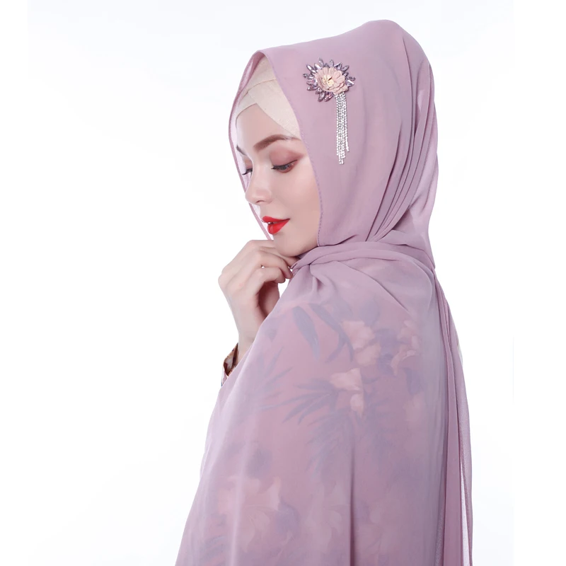 

Luxury Crystal ribbon flower chain tassels hijab scarf chiffon diamont soft women scarves and shawls fashion muslim hijabs