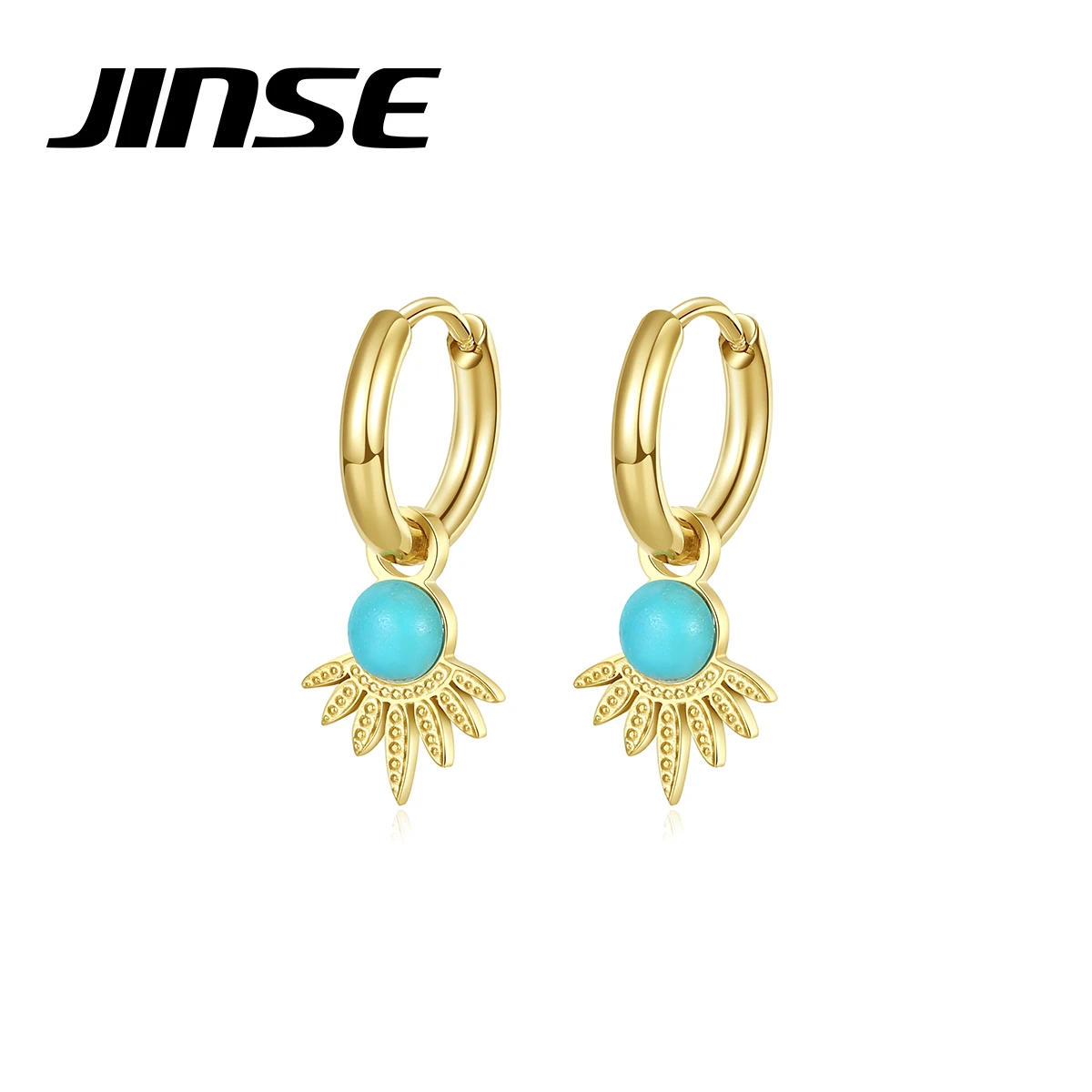 

Серьги-кольца JINSE женские из нержавеющей стали, золотистые ювелирные украшения с бирюзовым цветком, подарочные аксессуары