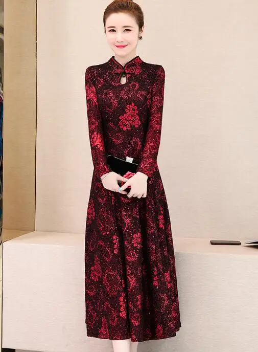 Осень Зима Новое поступление размера плюс M-3XL Ретро Cheongsam стоячий воротник жаккард длинный рукав женское длинное платье - Цвет: Красный