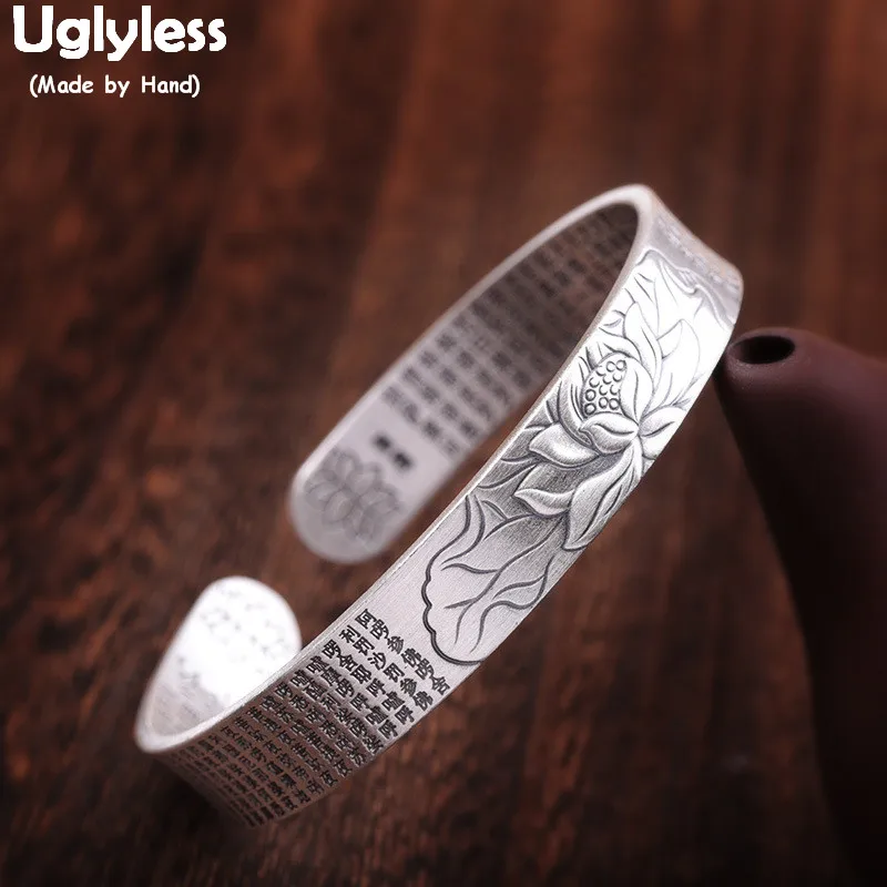

Uglyless Solid 990 Full Silver Lotus Bangles for Women Thai Silver Buddhistic Open Bangles Heart Sutra Religious Gifts BA605