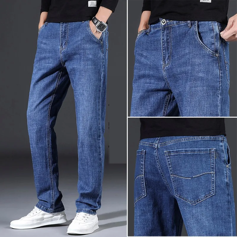 2021  Cotton Stretch Men's Straight Loose  Jeans  Classic Brand Anti-theft Zipper Pocket Casual Jeans