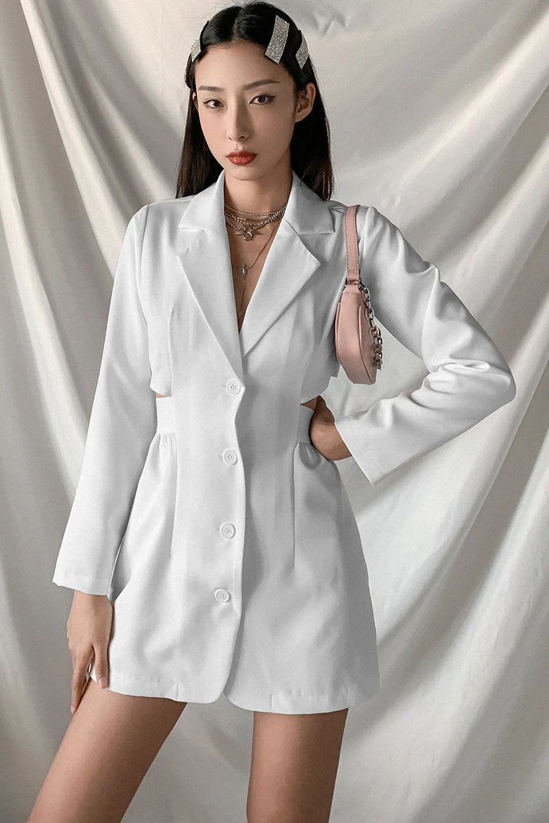 

Silhouette Suit Jacket Waist Back Hollow Sexy Design Long Sleeve White Dress