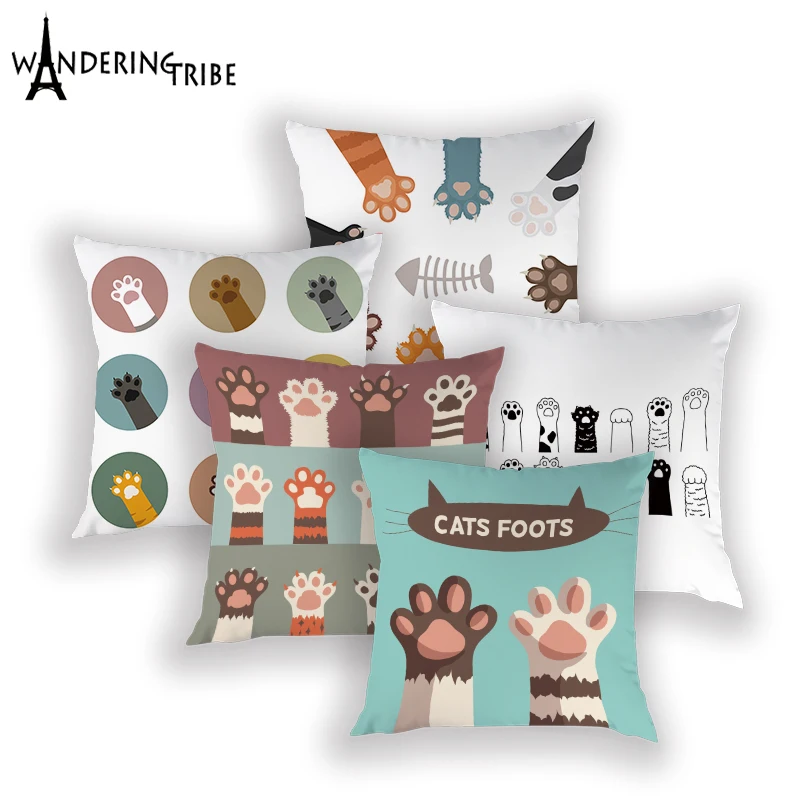 Мультяшный чехол для подушки с кошкой в виде следов лапы Чехол 45*45 см милый