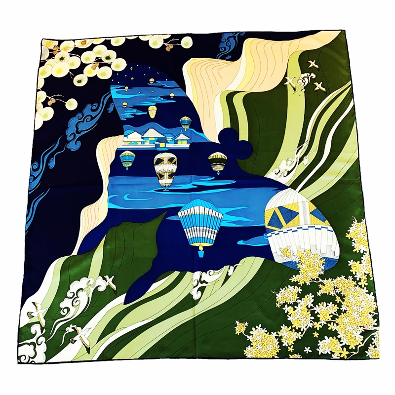 

90cm Hot Air Balloon Square Scarf Women Bandana Handmade Curled Twill Shawl Brand Silk Scarf Head Hijab Scarves For Ladies szal