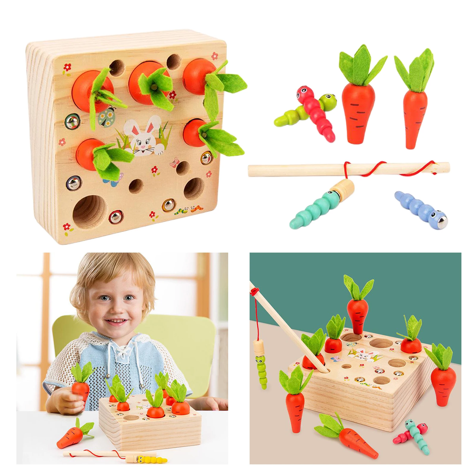 

Baby Wooden Montessori Educational Toys 2 in 1 Carrot Harvest, Magnetic Caterpillar Worm Catching Game