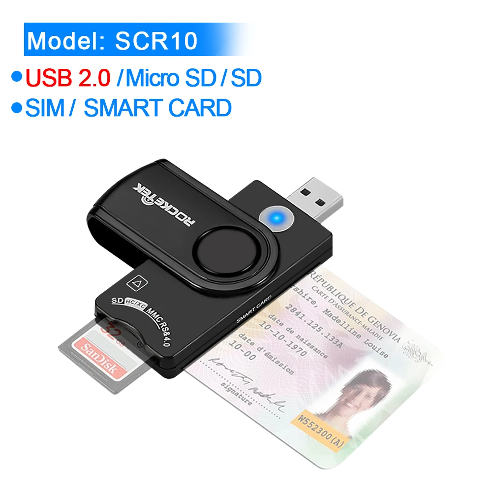 Rocketek USB 3,0 2,0 мульти смарт-кард-ридер SD/TF micro SD память, ID, банковские карты, sim cloner разъем адаптера компьютера ПК - Цвет: SCR10