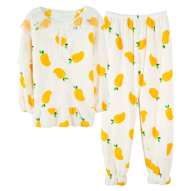 Женские Фланелевые пижамы с рукавами-фонариками и бантом на воротнике принтом