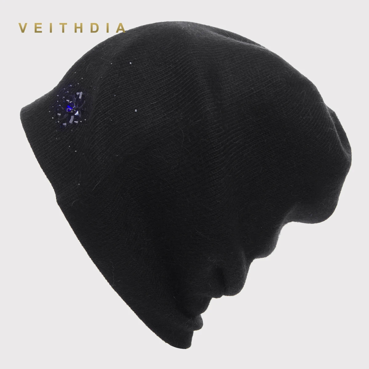 VEITHDIA, женские шапки, женские кашемировые, повседневные, Осень-зима, брендовые, двухслойные, толстые, стразы, вязаные, для девочек, Skullies Beanies - Цвет: Черный