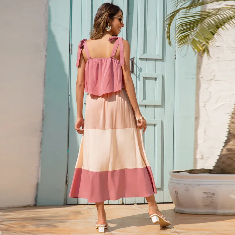 

Summer New Sexy Women's Sling Stitching Contrast Color Dress Long Dress Beach Ladies Dress